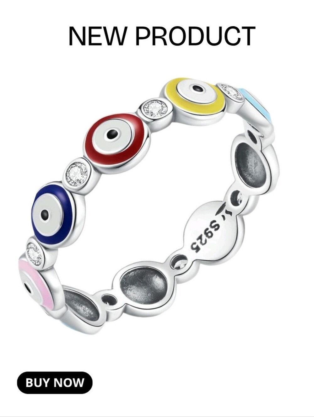 NEW 925 Sterling Silver Multicolor Enamel Evil Eye Stackable Ring Size 7